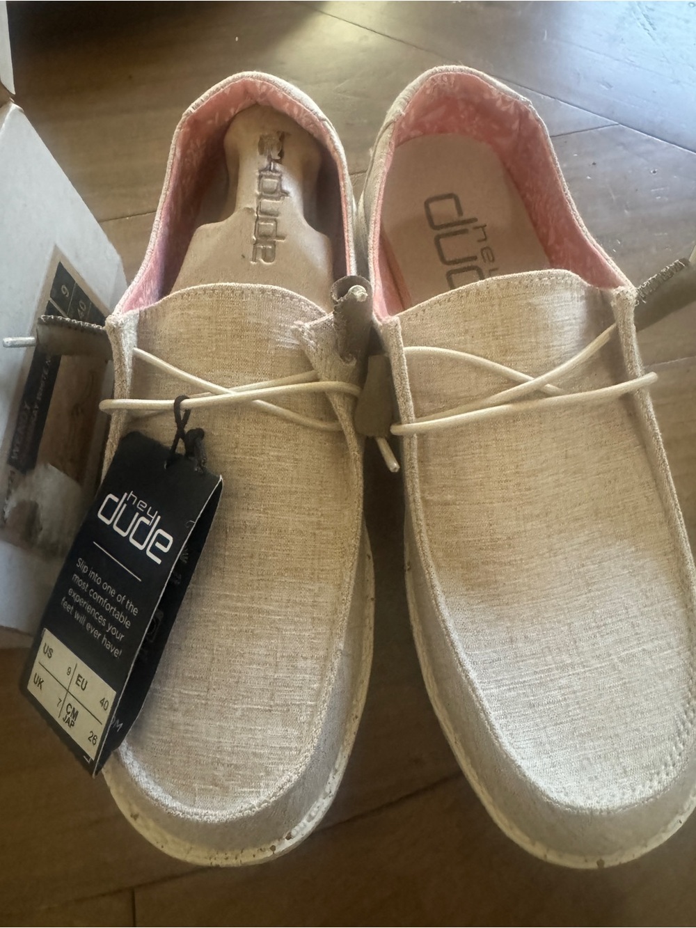 Hey Dude Beige Linen Slip-On Loafers with Pink Interior